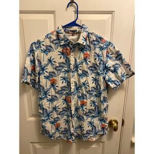 Denim and Flower Men's Size Medium Blue White Tropical Print Button Down Shirt